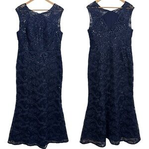 Ignite Evenings Elegant Dress Sz 12 Navy Blue Lace Sequin Bodycon Mermaid EUC!